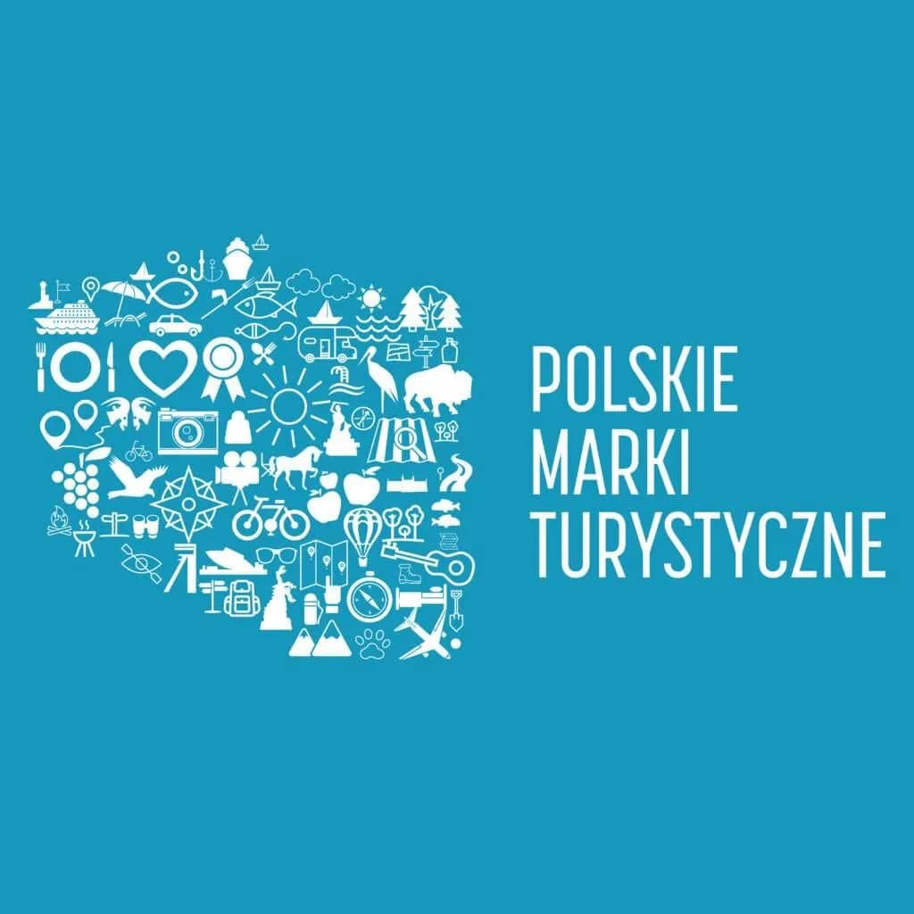 A blue background features a white silhouette of Poland composed of various travel and tourism-related icons, next to the white text "POLSKIE MARKI TURYSTYCZNE."